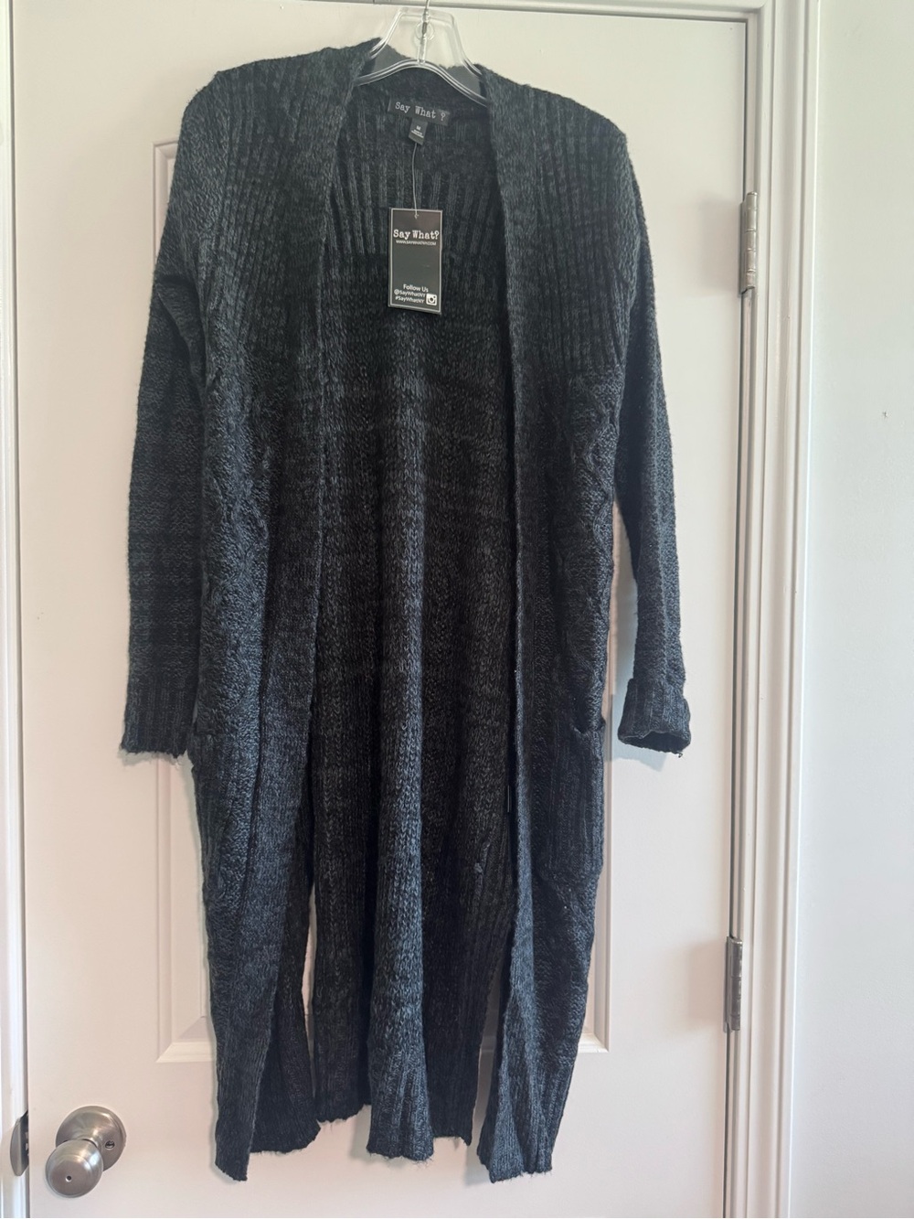 Say What? Long Open-Front Dark Gray Knit Cardigan